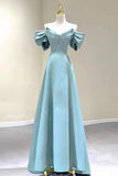 Blue Satin Long A-Line Prom Dress, Off the Shoulder Evening Dress HZ1024