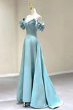 Blue Satin Long A-Line Prom Dress, Off the Shoulder Evening Dress HZ1024