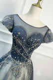 Blue Scoop Neckline Tulle Long Prom Dress, A-Line Evening Dress HZ1024