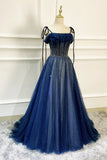 Blue Long Tulle Beaded Prom Dress, Blue Evening Party Dress HZ1024