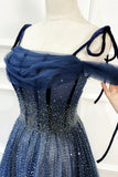 Blue Long Tulle Beaded Prom Dress, Blue Evening Party Dress HZ1024