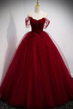 Burgundy Tulle Long A-Line Prom Dress, Burgundy Evening Party Dress HZ1024