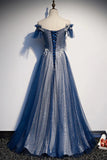 Blue Tulle Sequins Long Prom Dress, A-Line Evening Dress HZ1024