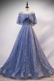 Blue Tulle Sequins Long Prom Dress, A-Line Blue Evening Dress HZ1024