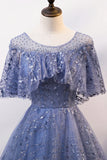 Blue Tulle Sequins Long Prom Dress, A-Line Blue Evening Dress HZ1024