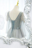 Cute V-Neck Tulle Beaded Long Prom Dress, Gray A-Line Evening Party Dress HZ1024