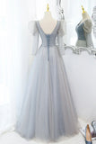 Cute V-Neck Tulle Beaded Long Prom Dress, Gray A-Line Evening Party Dress HZ1024