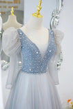 Cute V-Neck Tulle Beaded Long Prom Dress, Gray A-Line Evening Party Dress HZ1024