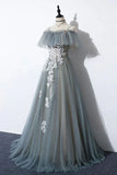 Gray Tulle Lace Long Prom Dress, A-Line Evening Dress HZ1024