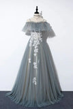 Gray Tulle Lace Long Prom Dress, A-Line Evening Dress HZ1024