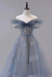 A-Line Off Shoulder Layers Tulle Long Evening Dress, Blue Formal Dress HZ1024