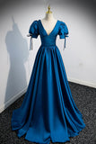 Blue V-Neck Satin Long Prom Dress, Simple A-Line Evening Dress HZ1024