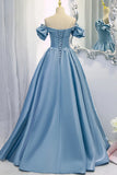 Blue V-Neck Satin Long Prom Dress, Off the Shoulder Evening Dress HZ1024