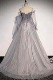 Gray Tulle Sequins Long Prom Dress, Long Sleeve Evening Dress HZ1024