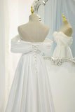 White Satin Long Prom Dress, Off the Shoulder Evening Dress HZ1024