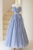 Blue Off Shoulder Tulle Long Formal Dress, A-Line Blue Evening Dress HZ1024