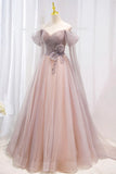 Pink Tulle Beaded Long Prom Dress, Off the Shoulder Evening Dress HZ1024