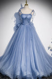 Blue Spaghetti Strap Tulle Long Dress, Blue Evening Dress with Bow HZ1024