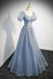 Cute Tulle Lace Long Prom Dresses, A-Line Evening Party Dresses HZ1024