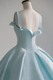 Blue Satin Long A-Line Ball Gown, Blue Evening Gown with Train HZ1024