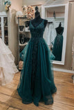 Green Tulle Lace Long Prom Dresses, A-Line Formal Evening Dresses HZ1024