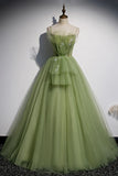 Green Tulle Long A-Line Prom Dresses, Green Spaghetti Straps Evening Dresses HZ1024