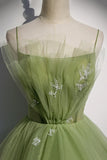 Green Tulle Long A-Line Prom Dresses, Green Spaghetti Straps Evening Dresses HZ1024