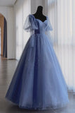 Blue Tulle Beading Long Prom Dresses, A-Line Evening Dresses HZ1024