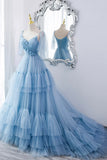 A-Line Tulle Long Prom Dresses, V-Neck Spaghetti Strap Long Princess Dresses HZ1024