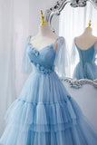 A-Line Tulle Long Prom Dresses, V-Neck Spaghetti Strap Long Princess Dresses HZ1024
