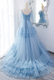 A-Line Tulle Long Prom Dresses, V-Neck Spaghetti Strap Long Princess Dresses HZ1024