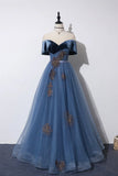 Blue Velvet Tulle Long Prom Dresses, Off the Shoulder Evening Dresses HZ1024