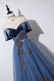 Blue Velvet Tulle Long Prom Dresses, Off the Shoulder Evening Dresses HZ1024