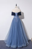Blue Velvet Tulle Long Prom Dresses, Off the Shoulder Evening Dresses HZ1024