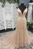 A-Line Tulle Long Prom Dresses, V-Neck Evening Dresses HZ1024