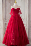 Red Tulle Long Prom Dresses, A-Line Off the Shoulder Formal Dresses HZ1024