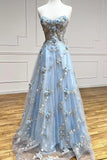 Blue Tulle Appliques Long Prom Dresses, A-Line Strapless Evening Dresses HZ1024