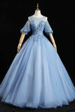 Blue Lace Long A-Line Prom Dresses, Blue Evening Dresses HZ1024