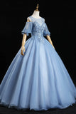 Blue Lace Long A-Line Prom Dresses, Blue Evening Dresses HZ1024