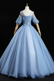 Blue Lace Long A-Line Prom Dresses, Blue Evening Dresses HZ1024