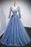 Previous Next Blue V-Neck Tulle Beading Long Prom Dresses, Long Sleeve Evening Dresses HZ1024