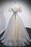 Grey V-Neck Tulle Beading Long Prom Dresses, A-Line Evening Dresses HZ1024