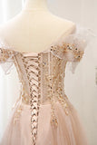 Pink Tulle Sequins Long Prom Dresses, A-Line Off the Shoulder Evening Dresses HZ1024