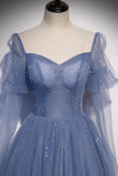 Blue Tulle Beading Long Prom Dresses, A-Line Formal Evening Dresses HZ1024