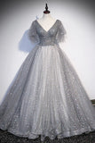 Grey V-Neck Tulle Long Prom Dresses, A-Line Evening Dresses HZ1024