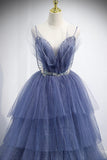 Blue Layers Tulle Long Prom Dresses, A-Line Spaghetti Straps Evening Dresses HZ1024