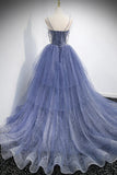 Blue Layers Tulle Long Prom Dresses, A-Line Spaghetti Straps Evening Dresses HZ1024
