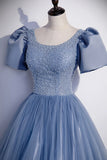 Blue Tulle Beading Long Prom Dresses, A-Line Short Sleeve Evening Dresses HZ1024