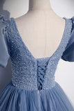 Blue Tulle Beading Long Prom Dresses, A-Line Short Sleeve Evening Dresses HZ1024