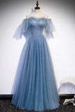 Blue Tulle Beading Long Prom Dresses, A-Line Evening Party Dresses HZ1024